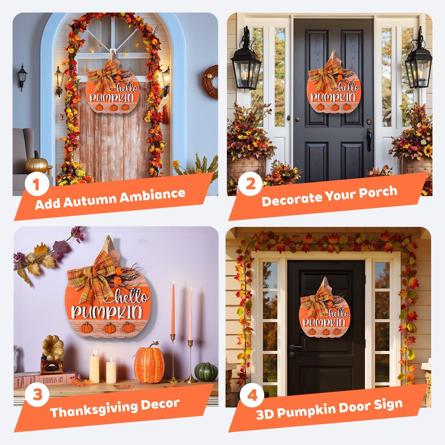 3D Hello Pumpkin Wooden Fall Wreath for Front Door | Fall Autumn Hanging Decor with Bow & Wreath | Farmhouse Harvest Thanksgiving Decor for Porch, Wall | Indoor Outdoor Home (Color-Pumpkin-D)
