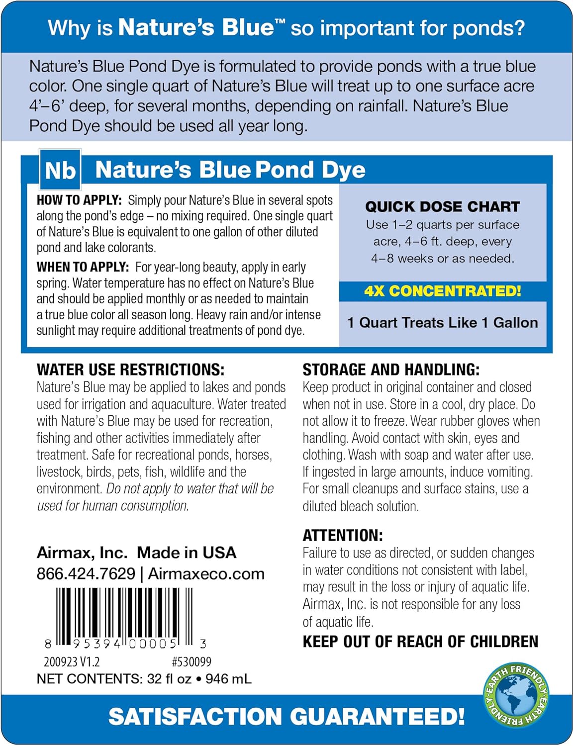 Airmax Nature's Blue Pond Dye 4X Concentrate for Outdoor Ponds & Lakes, Natural Pond Colorant & Beauty Enhancer, Block Ultraviolet Rays, Fish, Bird & Livestock Safe, Easy Liquid Application, 1 Quart