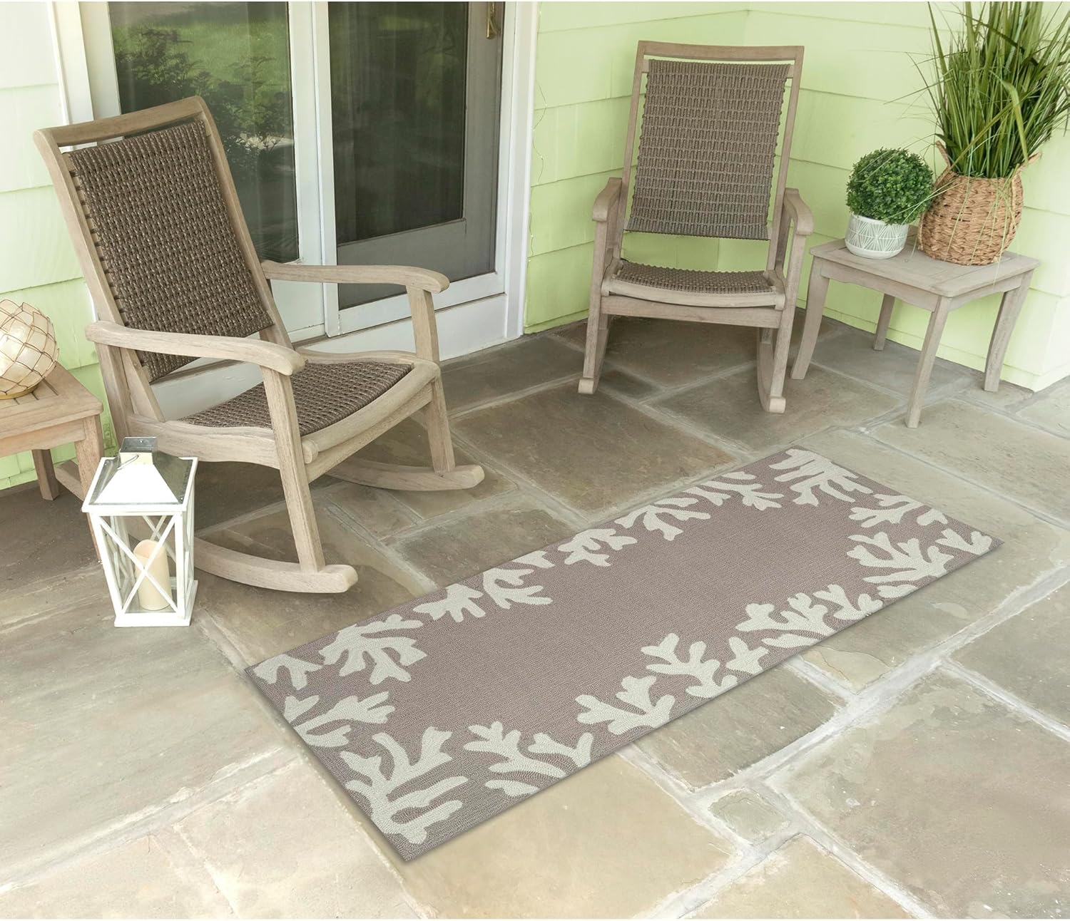 Liora Manne CAPRI Indoor/Outdoor Handmade Synthetic Blend Durable Area Rug - Traditional Border Coastal Beach Accent (Coral Border Silver) (2' x 5')