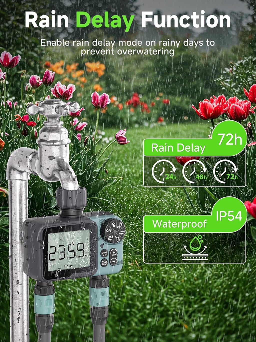 Sprinkler Timer 2 Zone, Programmable Water Timer for Garden Hose with Rain Delay, Manual and Automatic Irrigation Controller System, Waterproof Water Hose Timers for Yard, Lawn, Pool
