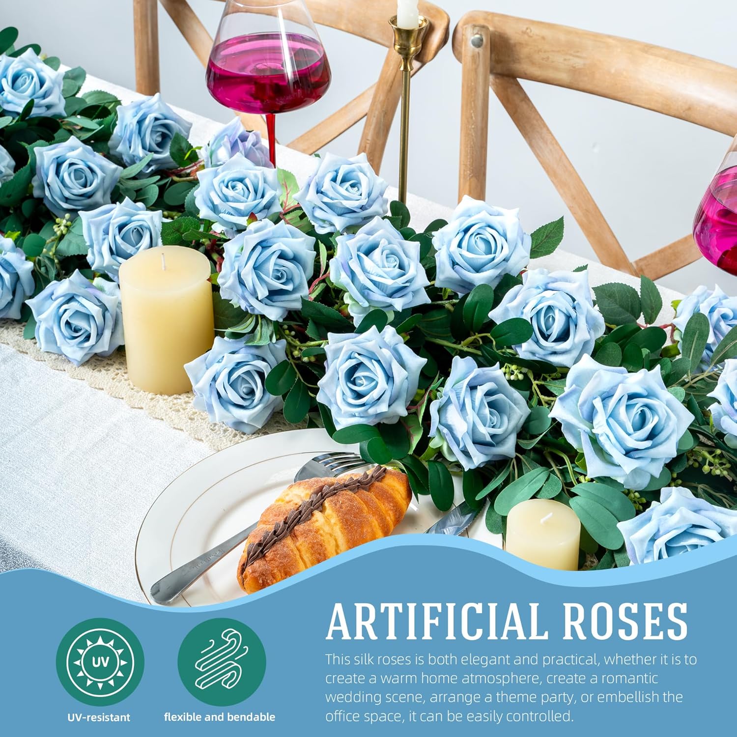 Fake Roses Faux Flowers Silk Roses 12PCS Artificial Roses with Stems Realistic Artificial Flowers Suitable for Indoor Home Decoration Diy Bouquet Wedding Decor Party Decoration （Blue）16.5“