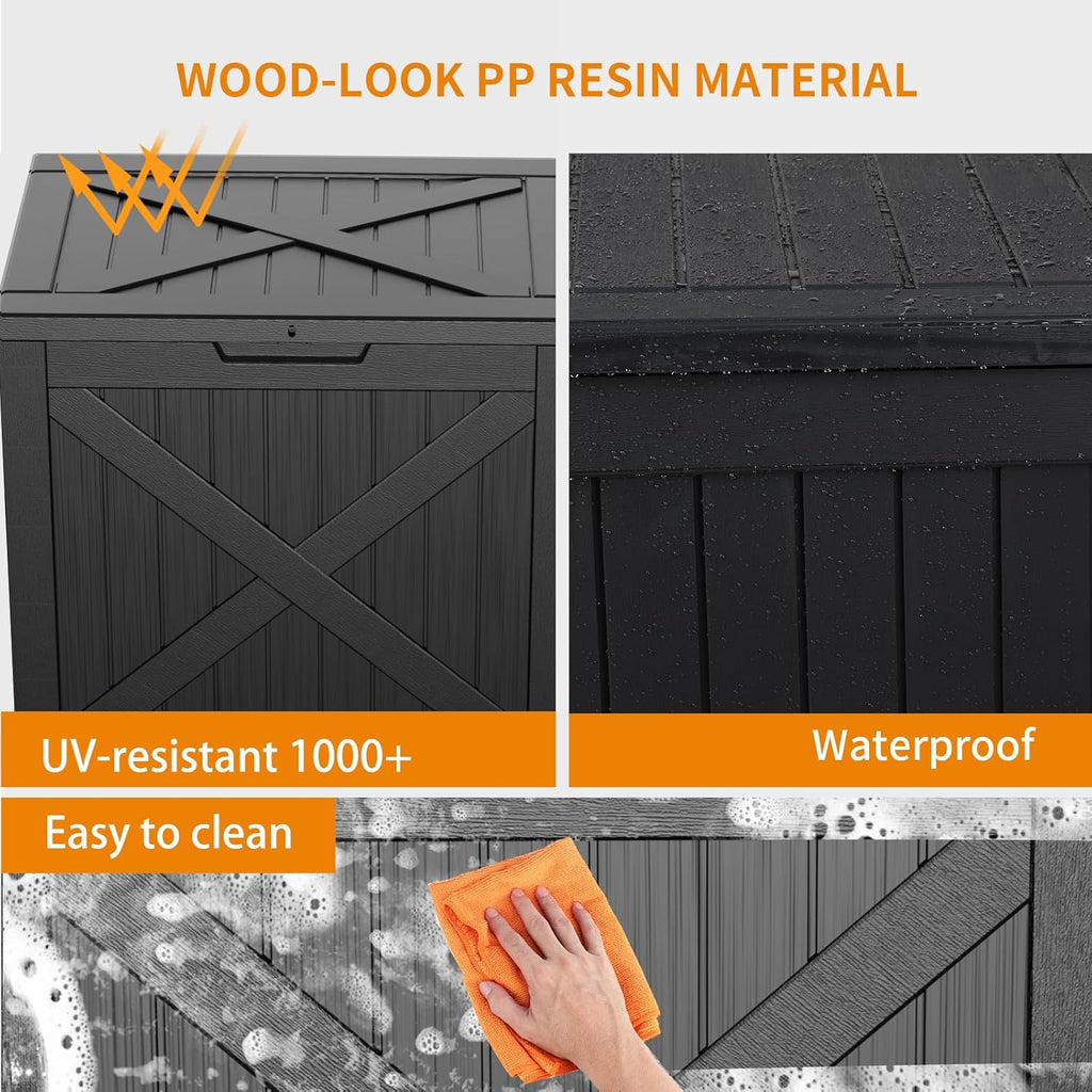 32 Gallon Outdoor Deck Box,Storage Lockable Waterproof Patio Furniture,Garden Tools,Cushions,Pool Accessories Outside Storage Resin Box(Black)