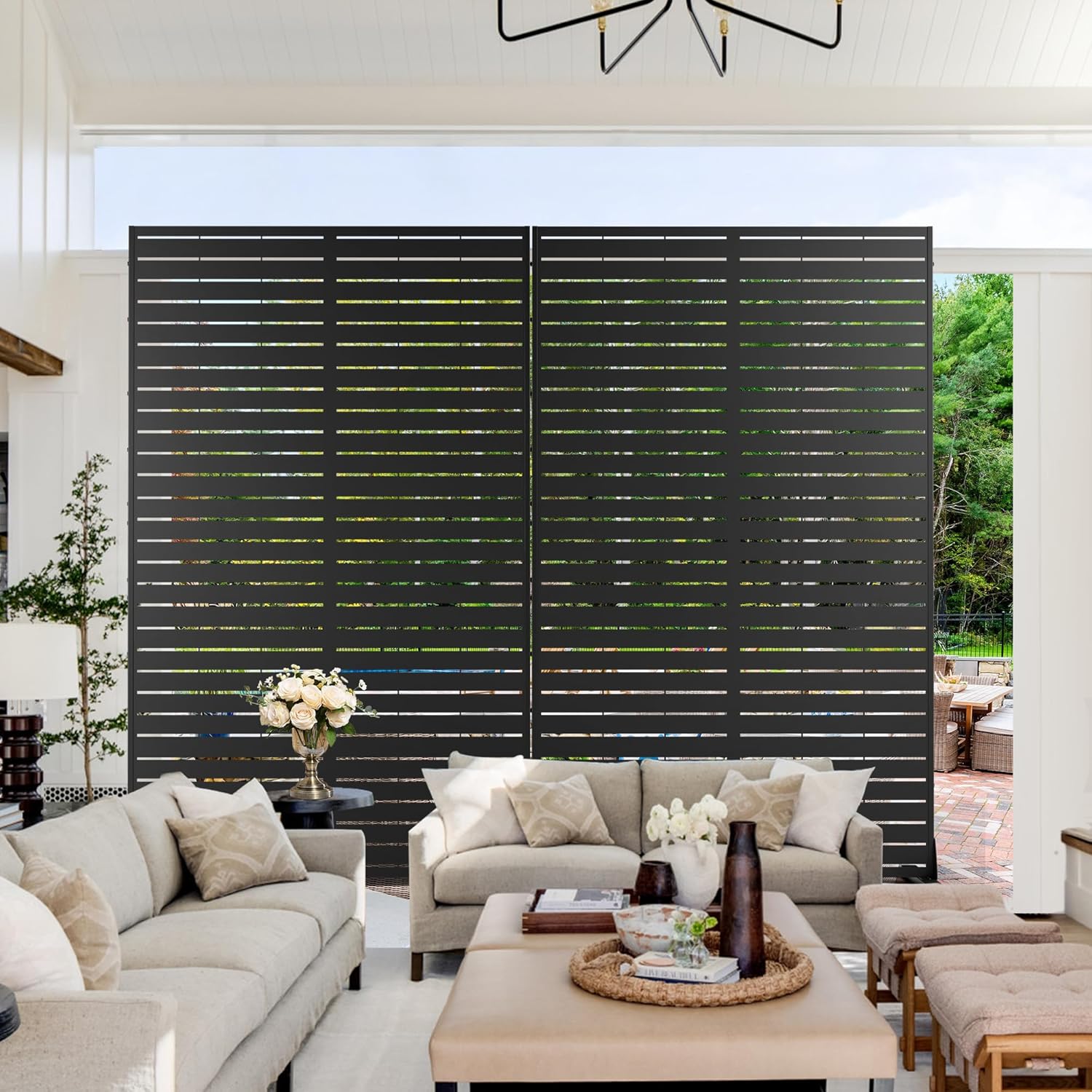 Metal Privacy Screen Outdoor 72" H×44" W,Freestanding Decorative Privacy Screen for Balcony Yard&Garden,Privacy Fence Black&Louvered(5 Panels)