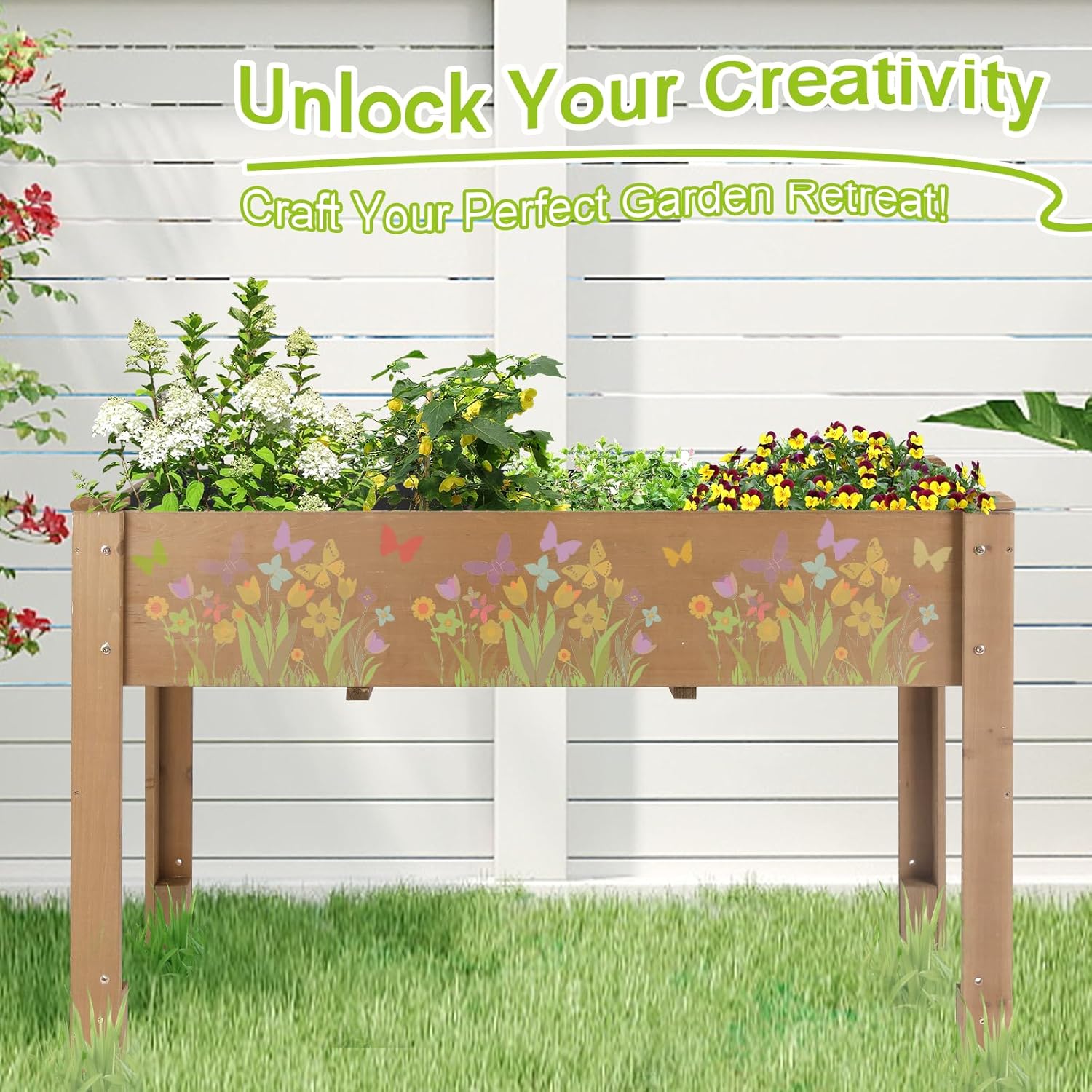 Outdoor Wood Raised Garden Bed- Elevated Planter Box with Legs, Durable Fir Wood, Reinforced Frame with Drainage Holes, Liner for Vegetables, Herbs, Flowers, 47" x 23"x 30"