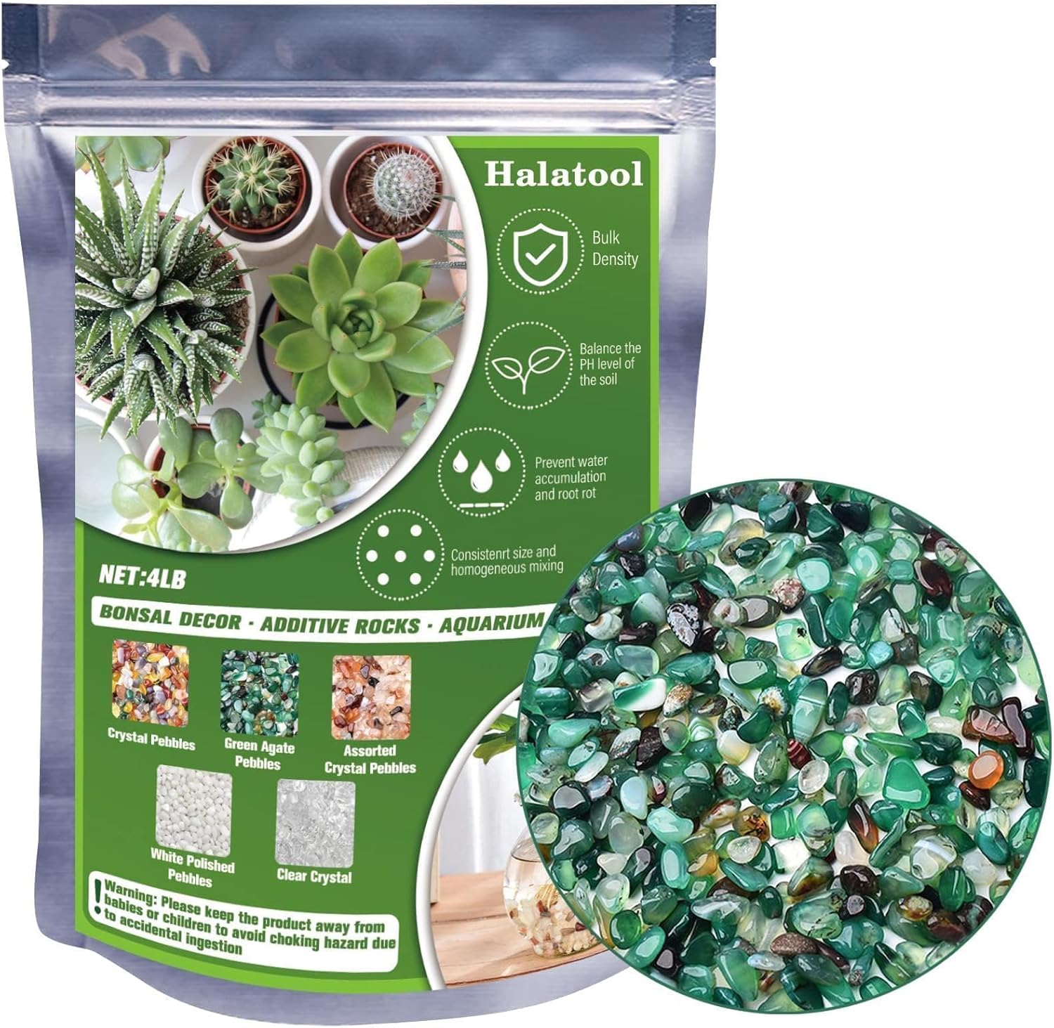 Halatool 4LB Green Aquarium Gravel for Fish Tank 0.35"- 0.6" Natural Landscaping Pebbles for Decorations Small Succulent Rocks for Indoor Outdoor Plants DIY Crafts & Vase Filler