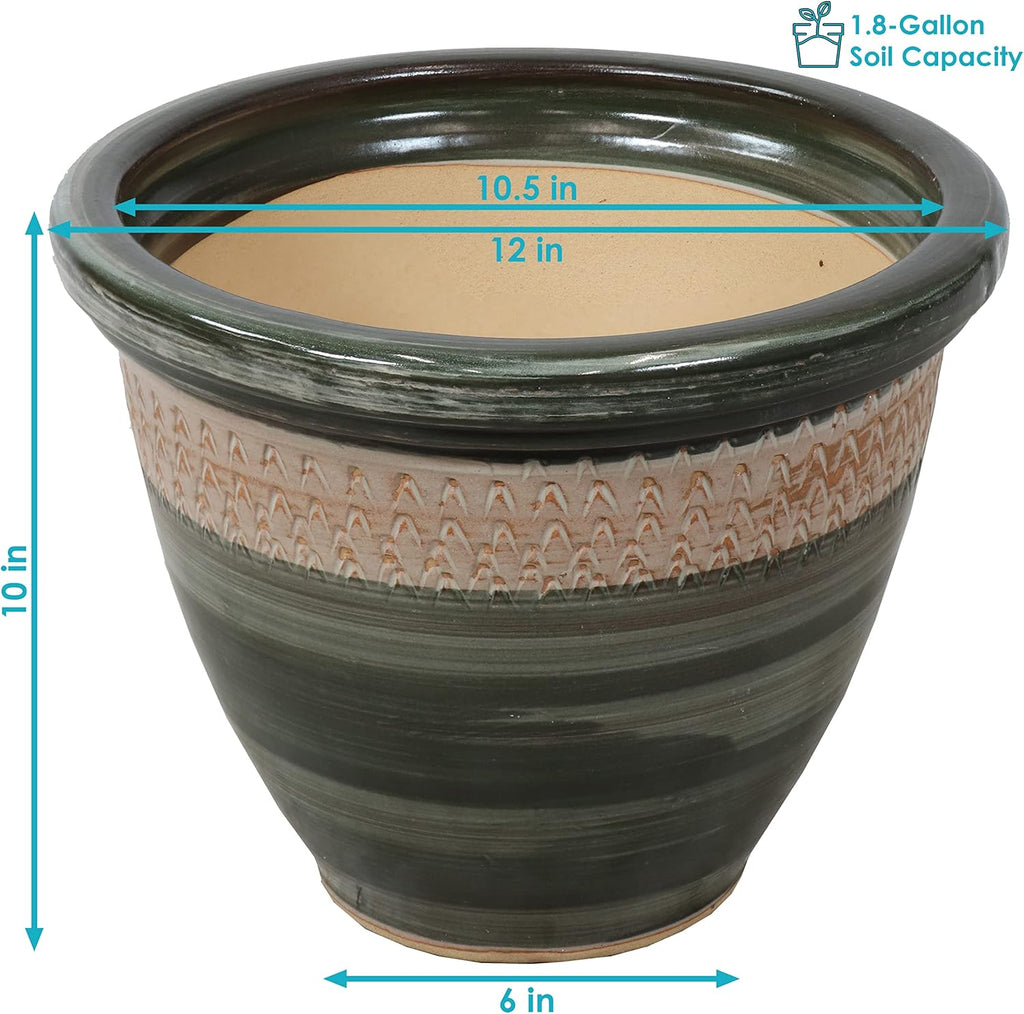 Sunnydaze Purlieu 12-Inch Outdoor/Indoor Ceramic Planters - Set of 2 -Tempest