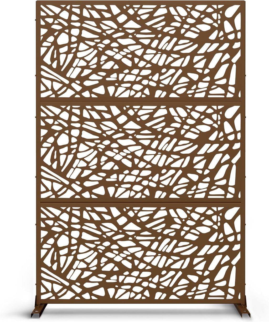 Metal Privacy Screen Outdoor 72" H×47" W,Freestanding Decorative Privacy Screen for Balcony Yard&Garden,Privacy Fence-Brown&Net