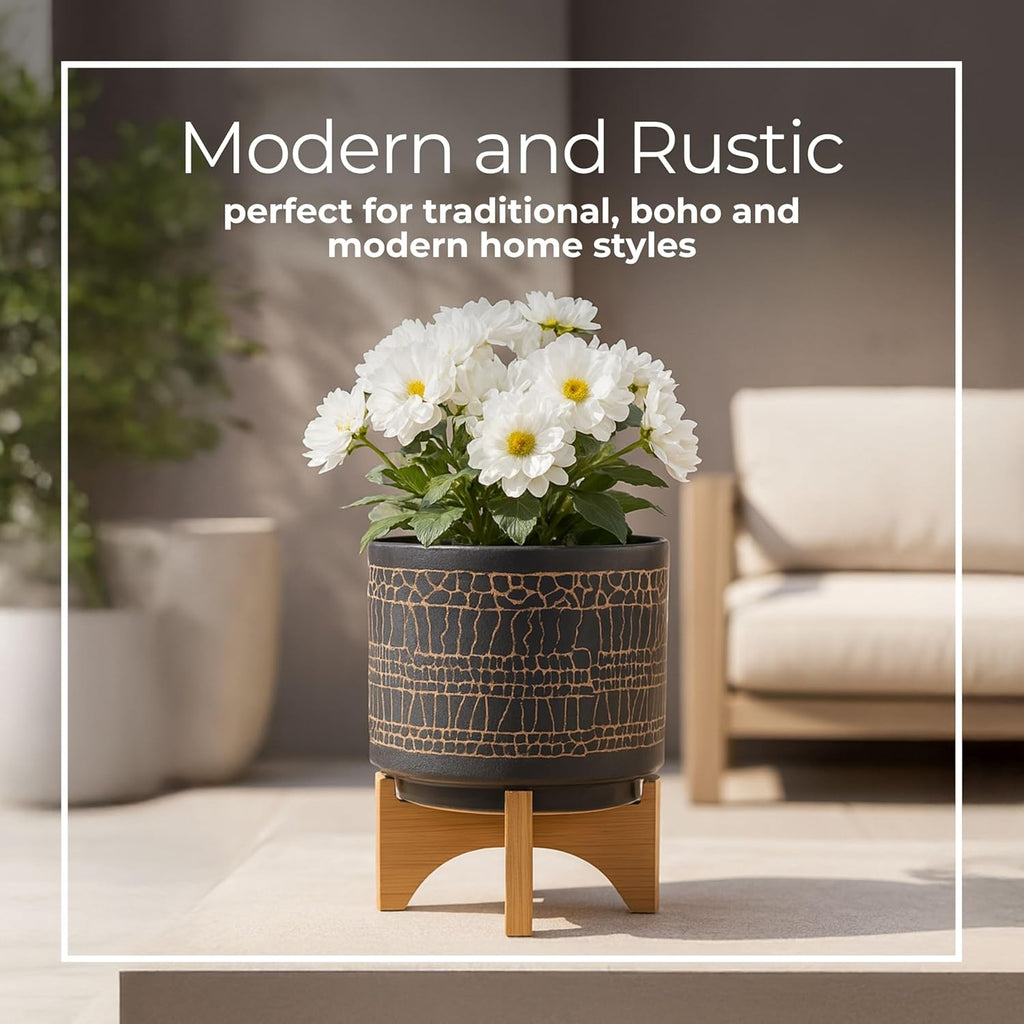Glazed Decorative Planter Pot with Wood Stand – Ceramic Stoneware Outdoor & Indoor Plant Pot with Cracked Pattern – Modern Garden & Home Decor Planters – 9", Black