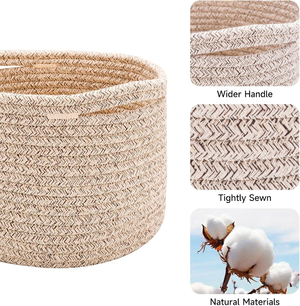 Small Basket for Organizing | Cube Shelf Closet Storage Baskets | 9.7×9.7×7.1” | Woven Rope Gift Basket | Nursery | Round 3 Packs Mixed Brown