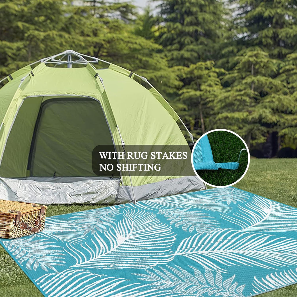 Pauwer Waterproof Outdoor Rug 9x12, Reversible Plastic Straw Patio Camping Rug, Indoor Outdoor RV Mat Carpet for Deck, Camper, Porch, Balcony, Backyard, Picnic, Leaf Teal