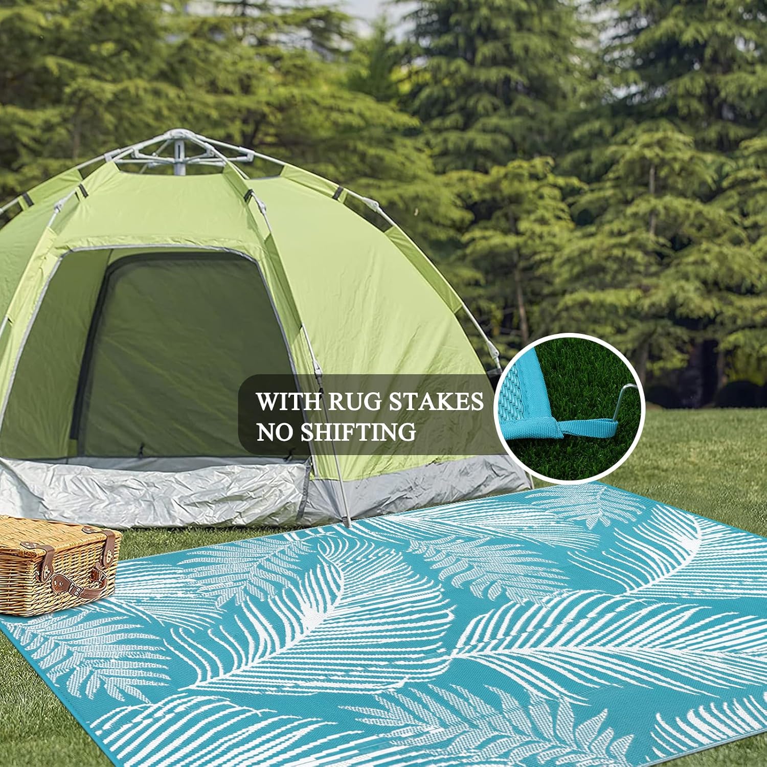 Pauwer Waterproof Outdoor Rug 9x12, Reversible Plastic Straw Patio Camping Rug, Indoor Outdoor RV Mat Carpet for Deck, Camper, Porch, Balcony, Backyard, Picnic, Leaf Teal