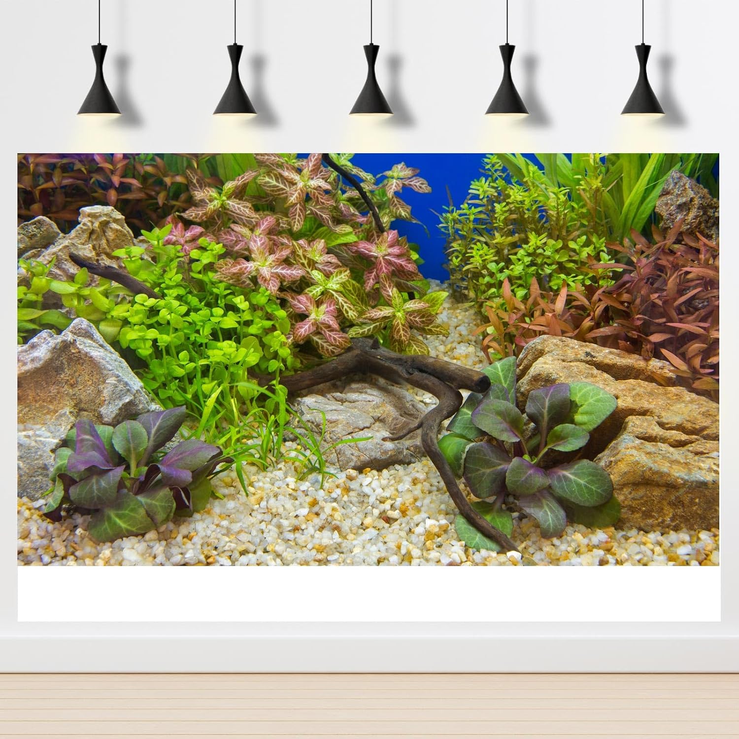 Aquarium Background Various Underwater Grass Plants Pebble Aquarium Backdrop Vivid and Fresh Green Aquatic Plants Stone River Bed and Dead Wood Purple Leaves Tank Background Vinyl 60x24in