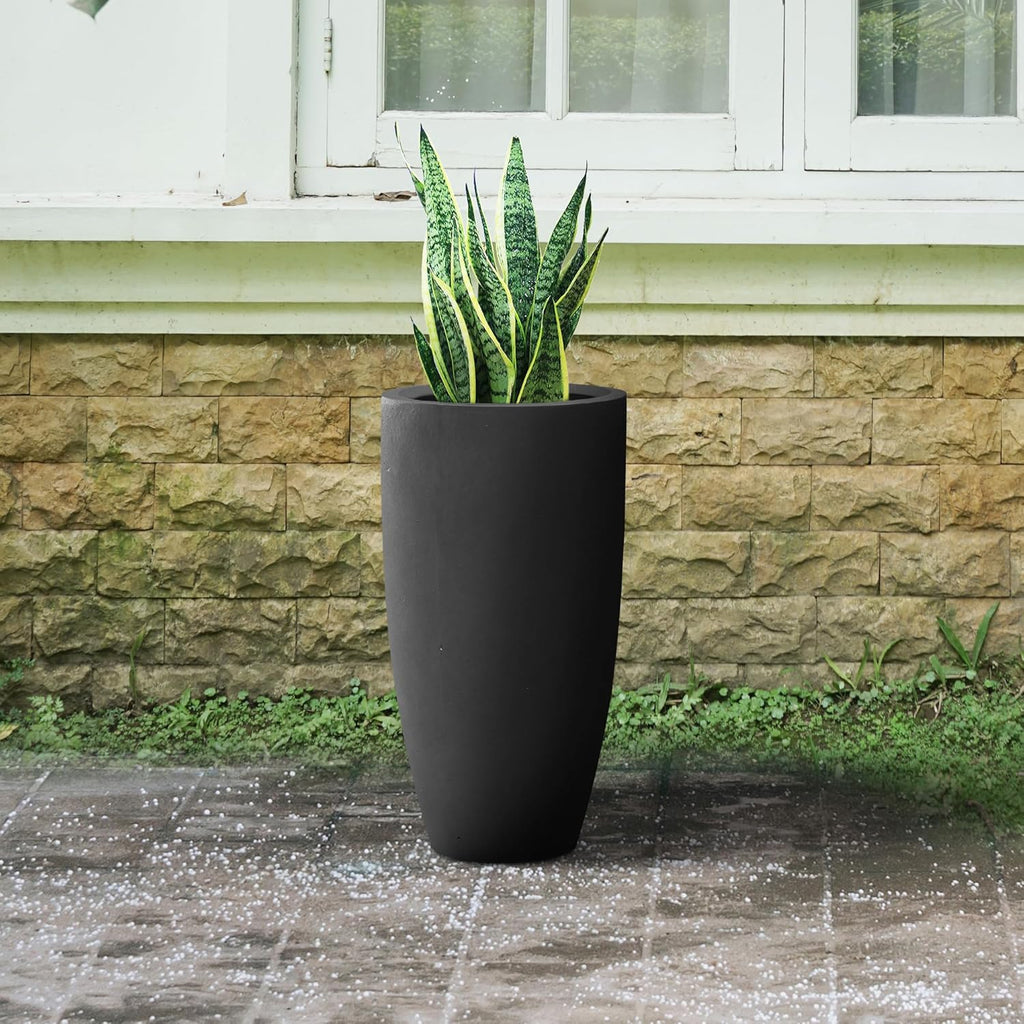 Kante 23.6" H Black Finish Concrete Tall Planters Large Outdoor Indoor Decorative Plant Pots with Drainage Hole and Rubber Plug, Modern Tapered Style for Home and Garden