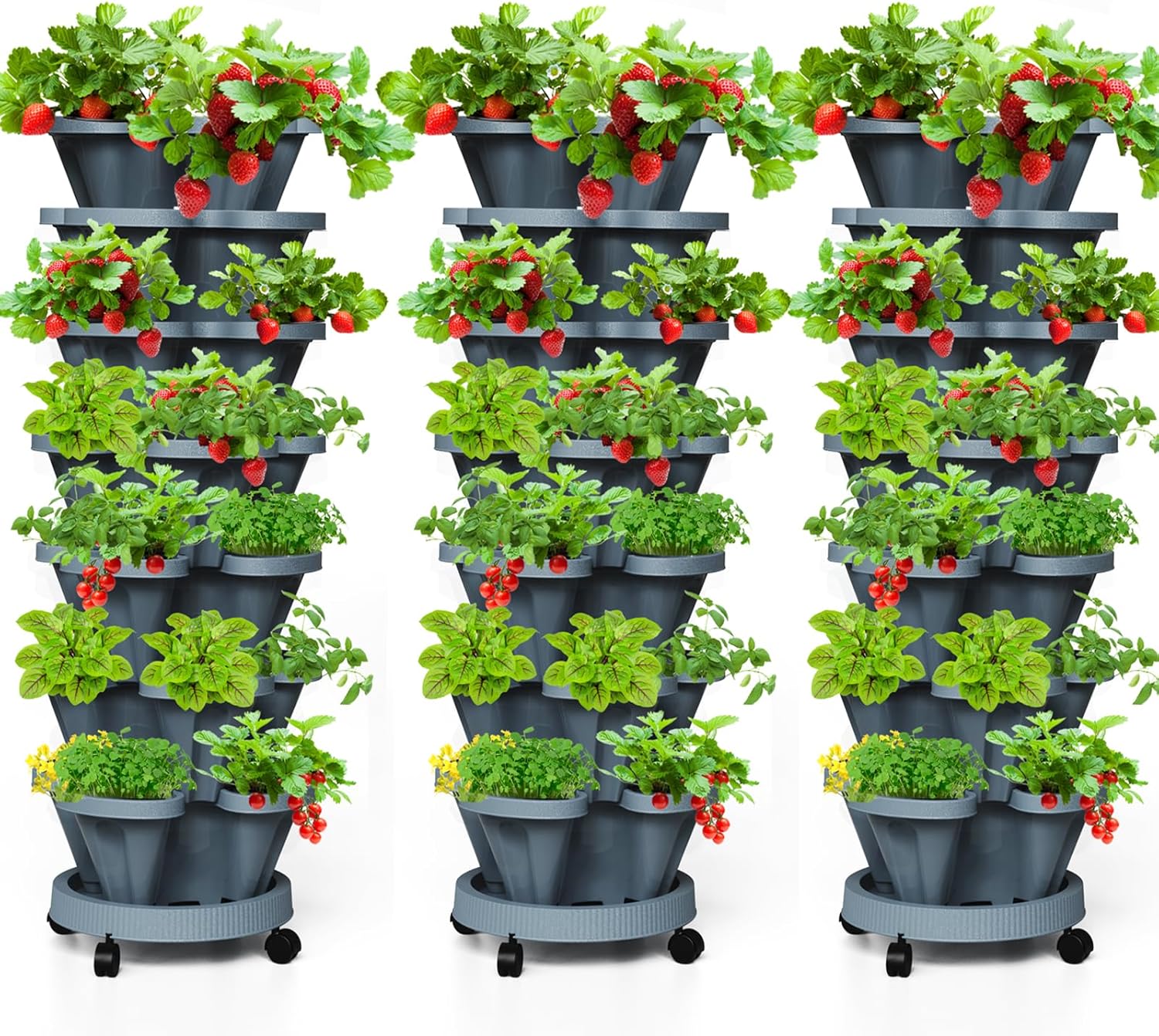 7 Tiered Strawberry Vertical Planter Tower Garden 3 Pack, Stackable Planter Herb Garden Planter with Movable Casters and Bottom Saucer Indoor and Outdoor - Dark Grey