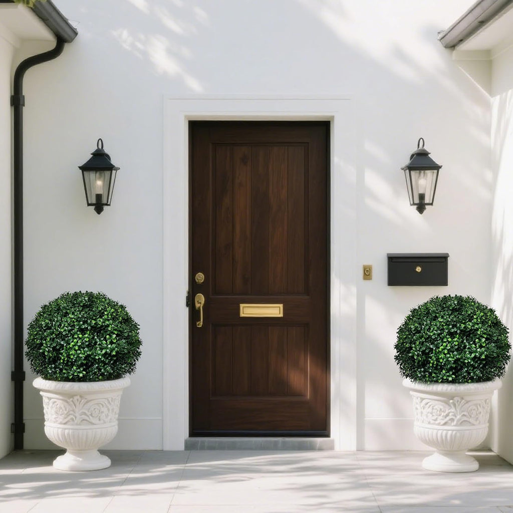 Artificial Boxwood Topiary Ball Tree Outdoor Set of 2,Artificial Boxwood Plants with Ground Spike,Faux Shrubs Fake Evergreen Tree UV Resistant,Diameter 17"