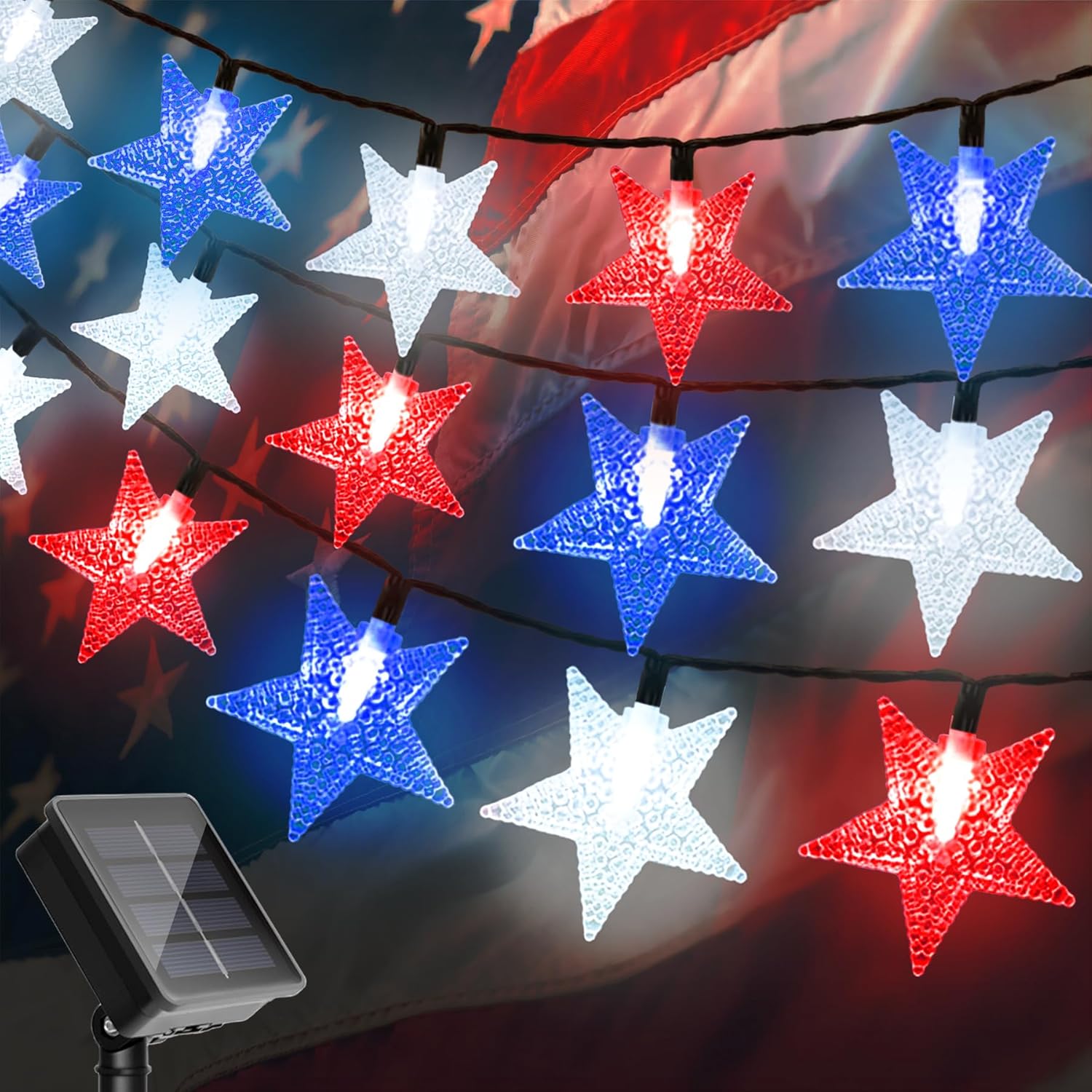 4th of July Twinkle Solar Star String Lights Decorations Outdoor Waterproof Fairy Lights 39FT Red White and Blue 100 LED with 8 Lighting Modes for Independence Day President Day Memorial Day