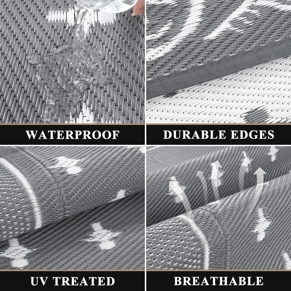 Pauwer Waterproof Outdoor Rug 8x10, Reversible Plastic Straw Patio Camping Rug, Indoor Outdoor RV Mat Carpet for Deck, Camper, Porch, Balcony, Backyard, Picnic, Bordered Grey