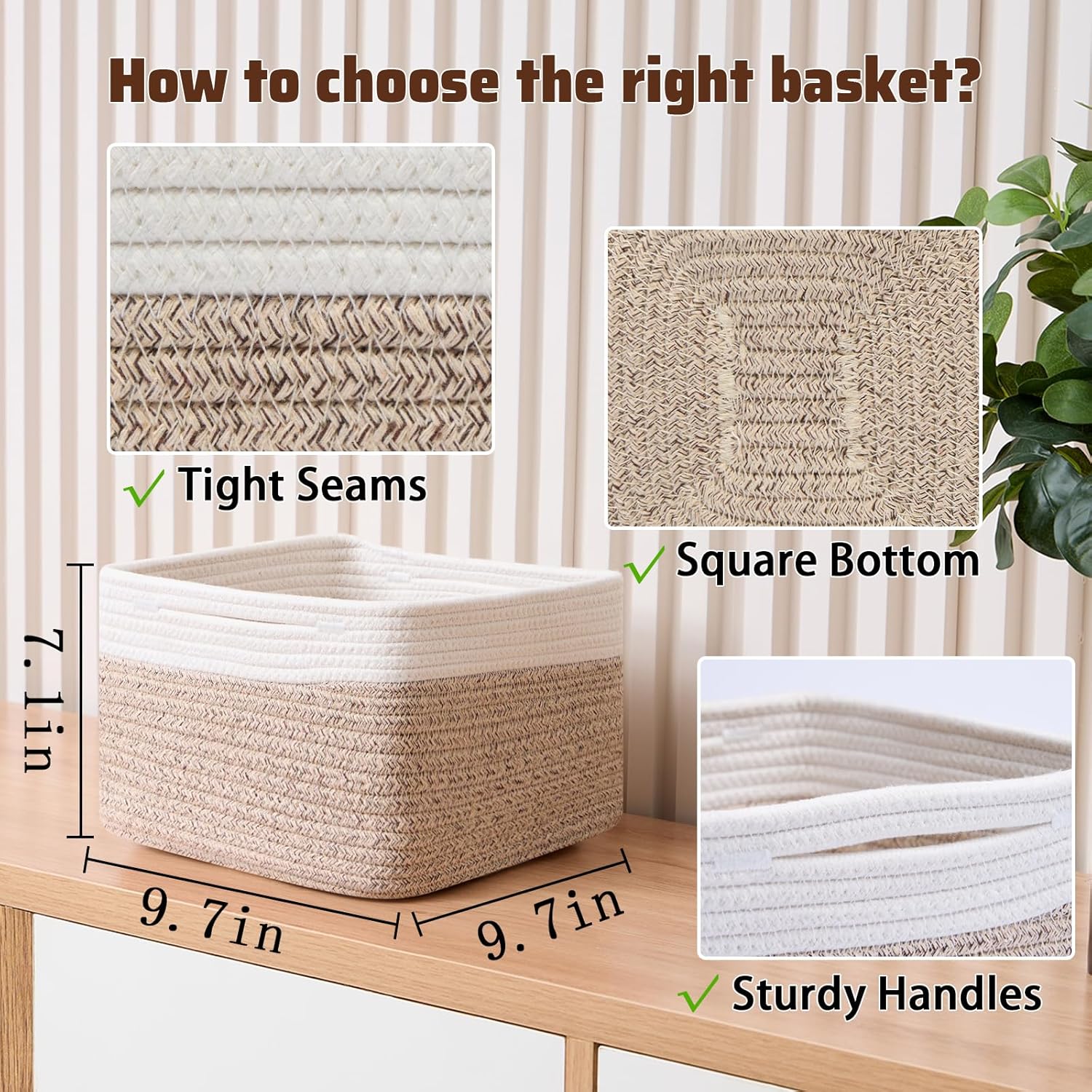 Small Organizing Baskets for Cubes Shelf, 9.7x9.7x7.1 Inch Rope Woven Storage Bins for Nursery Shelves Storage, Cute Toy Basket, Square 3 Packs Off White Brown