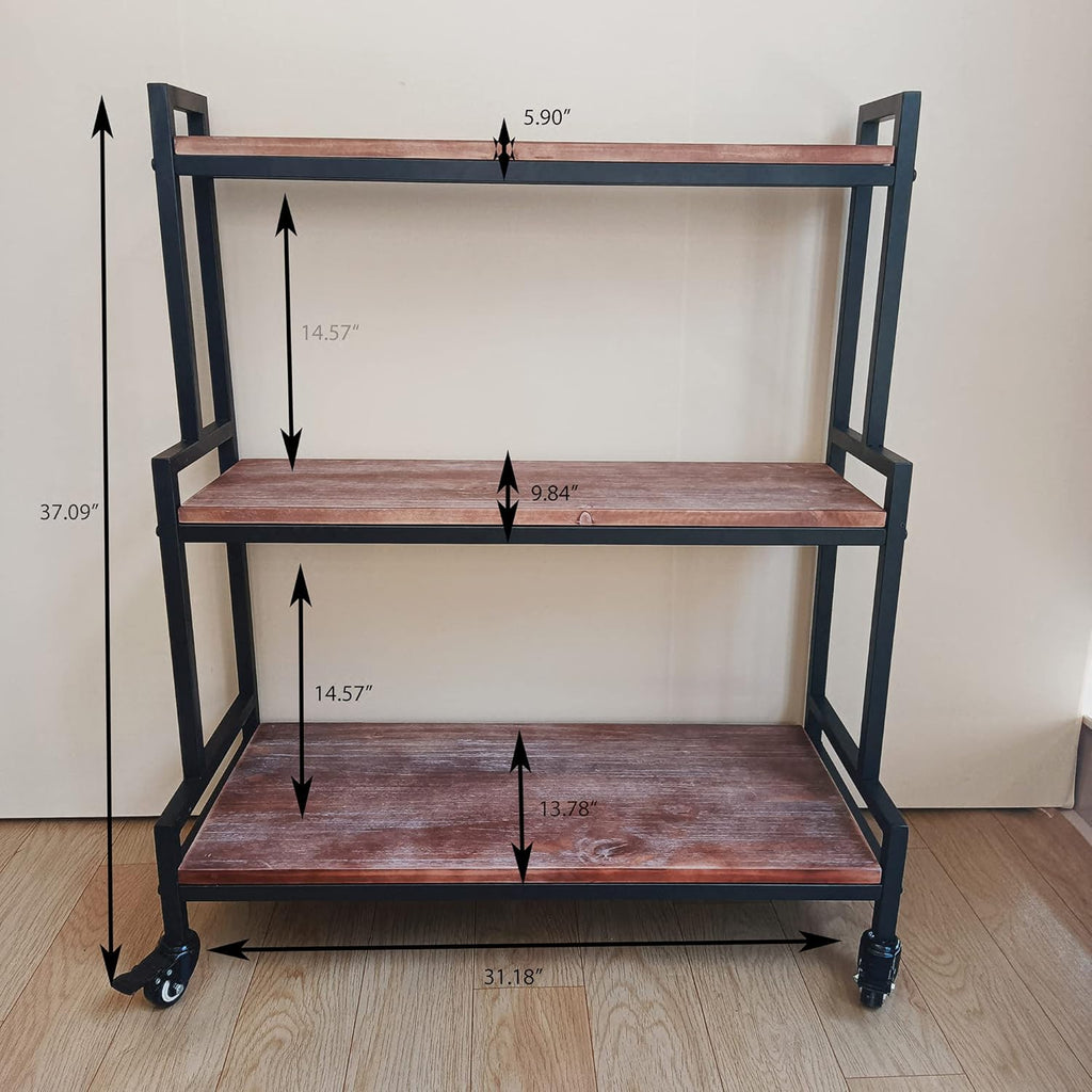 Rustic Plant Stand with Wheels 37“ H, Rolling Plant Shelves Rack Indoor Outdoor,Metal Plant Stand with Solid Wood for Multiple Plants,Industrial Ladder Plant Flower Shelf for Garden,Living Room,Brown