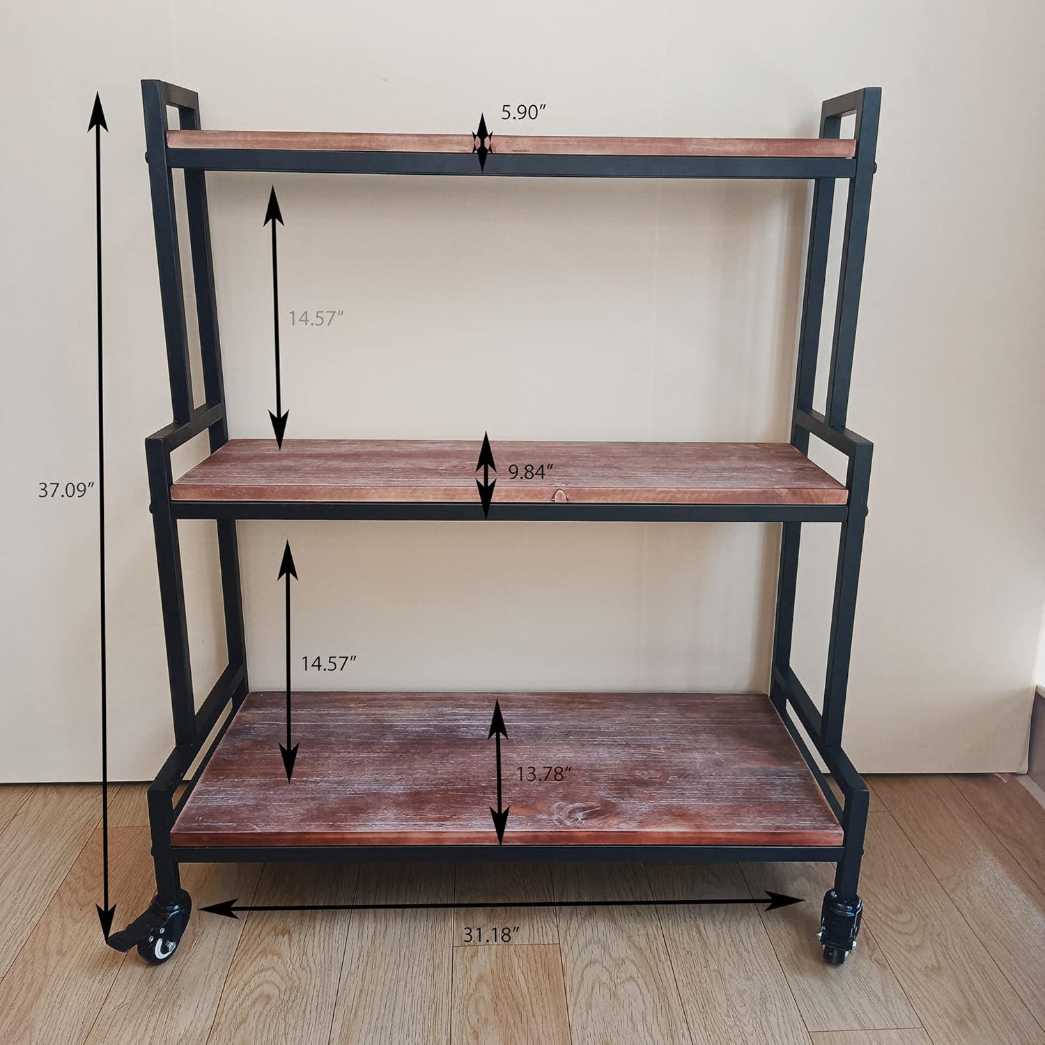 Rustic Plant Stand with Wheels 37“ H, Rolling Plant Shelves Rack Indoor Outdoor,Metal Plant Stand with Solid Wood for Multiple Plants,Industrial Ladder Plant Flower Shelf for Garden,Living Room,Brown