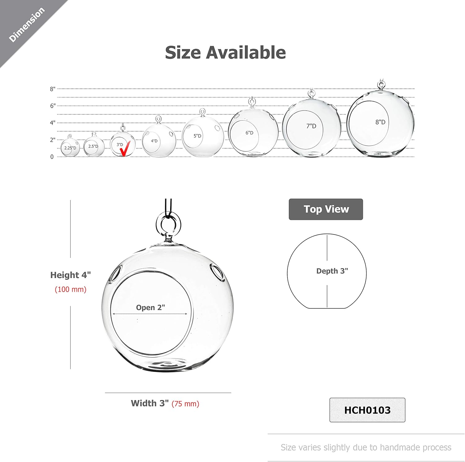 WGV Hanging Terrarium Globe, Width 3", Height 4", DIY Air Succulent Planter, Clear Glass Vase Orb with Flat Bottom, Candle Holder for Windowsill Outdoor Garden Decor, 1 Piece