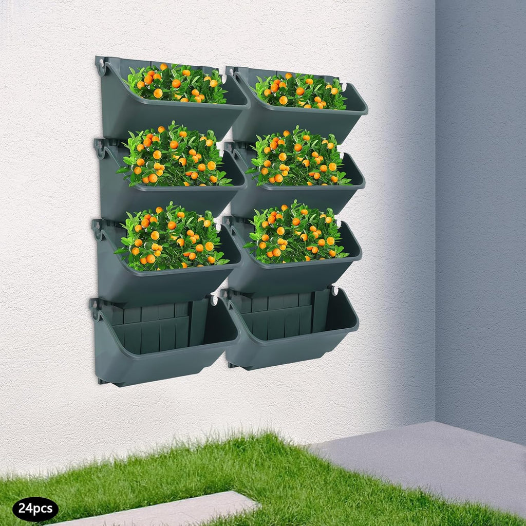 Eapmic Vertical Wall Planter with 24 Pots, Hanging Garden Plant Flowerpot Holder, Stackable Wall-Mounted Planter, Balcony Planters for Flowers Vegetables Fruits (Army Green, 24 Pots)