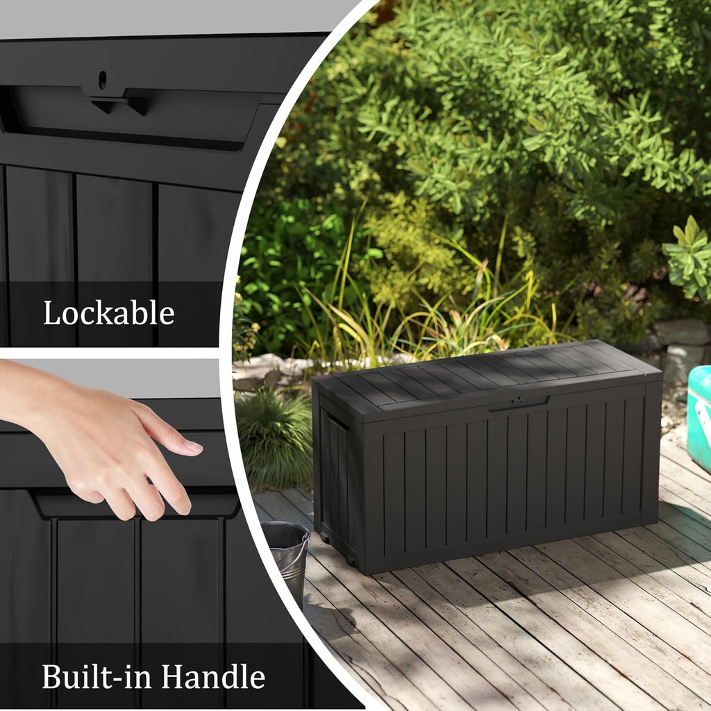 75 Gallon Waterproof Large Resin Deck Box Indoor/Outdoor Lockable Storage Container and Seating for Garden, Pool, and Patio (75 Gallon, Black)