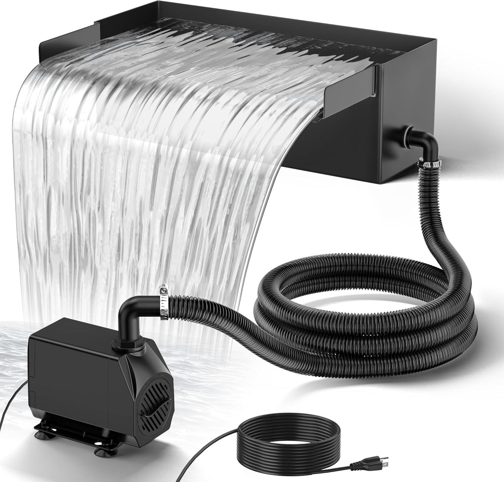 NFESOLAR Pond Waterfall Spillway Kit for Outdoor Pond up to 2000 Gallons, Includes 12.2" W Stainless Steel Pond Waterfall Box, 660GPH Ultra-Quiet Water Pump, 10FT Corrugated Tubing N4311