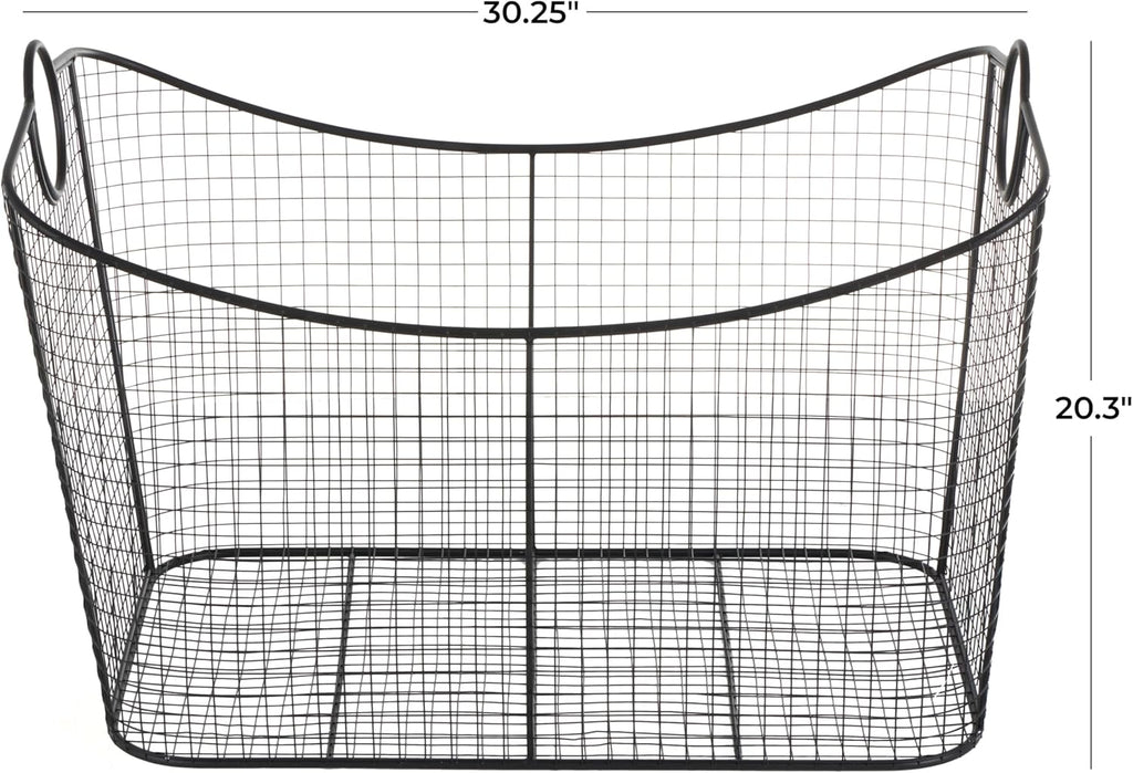 Deco 79 Metal Large Open Frame Wire Grid Storage Basket with Curved Sides and Ring Handles, 30" x 20" x 20", Black
