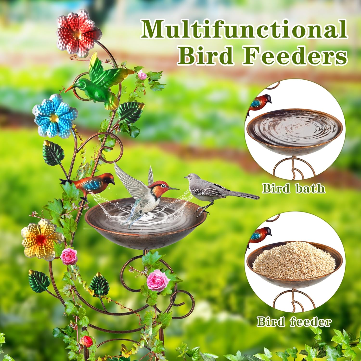 57” Bird Bath with Garden Trellis for Climbing Plants Outdoor, Small Decorative Metal Birdbath Bird Baths, Hummingbird (Hummingbird)
