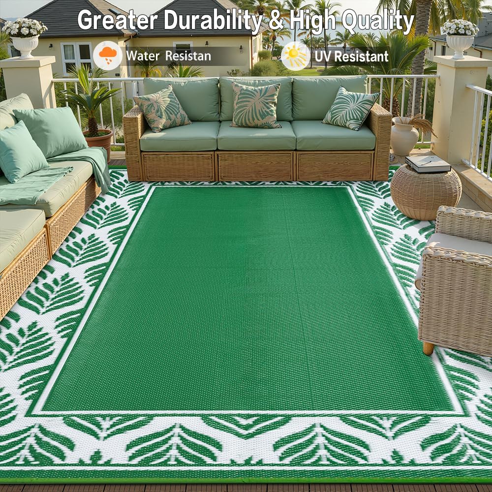 Outdoor Plastic Rug 6'x9' Waterproof Camping Carpet Outside Area Rug Reversible Green Rugs for RV Deck Entryance Porch Picnic Balcony Beach