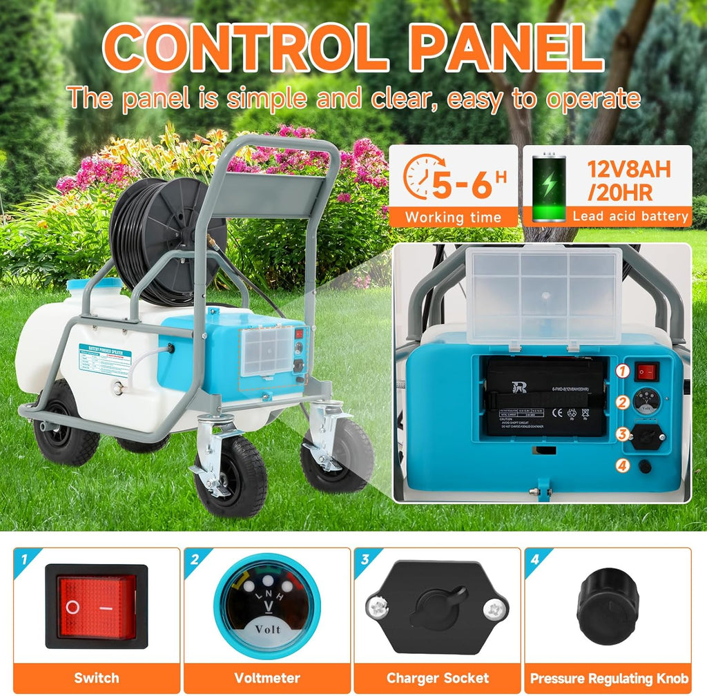 16 Gallon Battery Powered Sprayer,90 PSI Electric Pump,6 Hours Long Battery Life,12V 8Ah Battery,Adjustable HD Wand and 10 Nozzles,Portable Sprayer with Wheels for Lawn & Garden Spraying, Cleaning