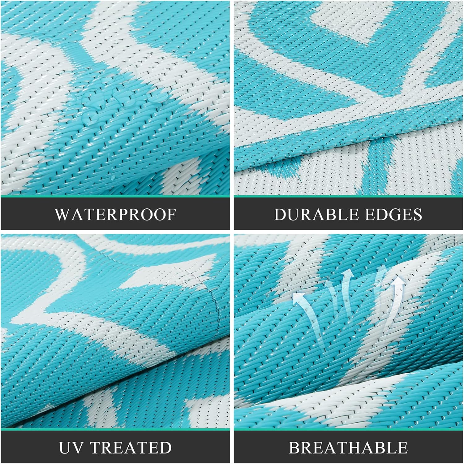 Pauwer Waterproof Outdoor Rug 6x9, Reversible Plastic Straw Patio Camping Rug, Indoor Outdoor RV Mat Carpet for Deck, Camper, Porch, Balcony, Backyard, Picnic, Geometric Teal