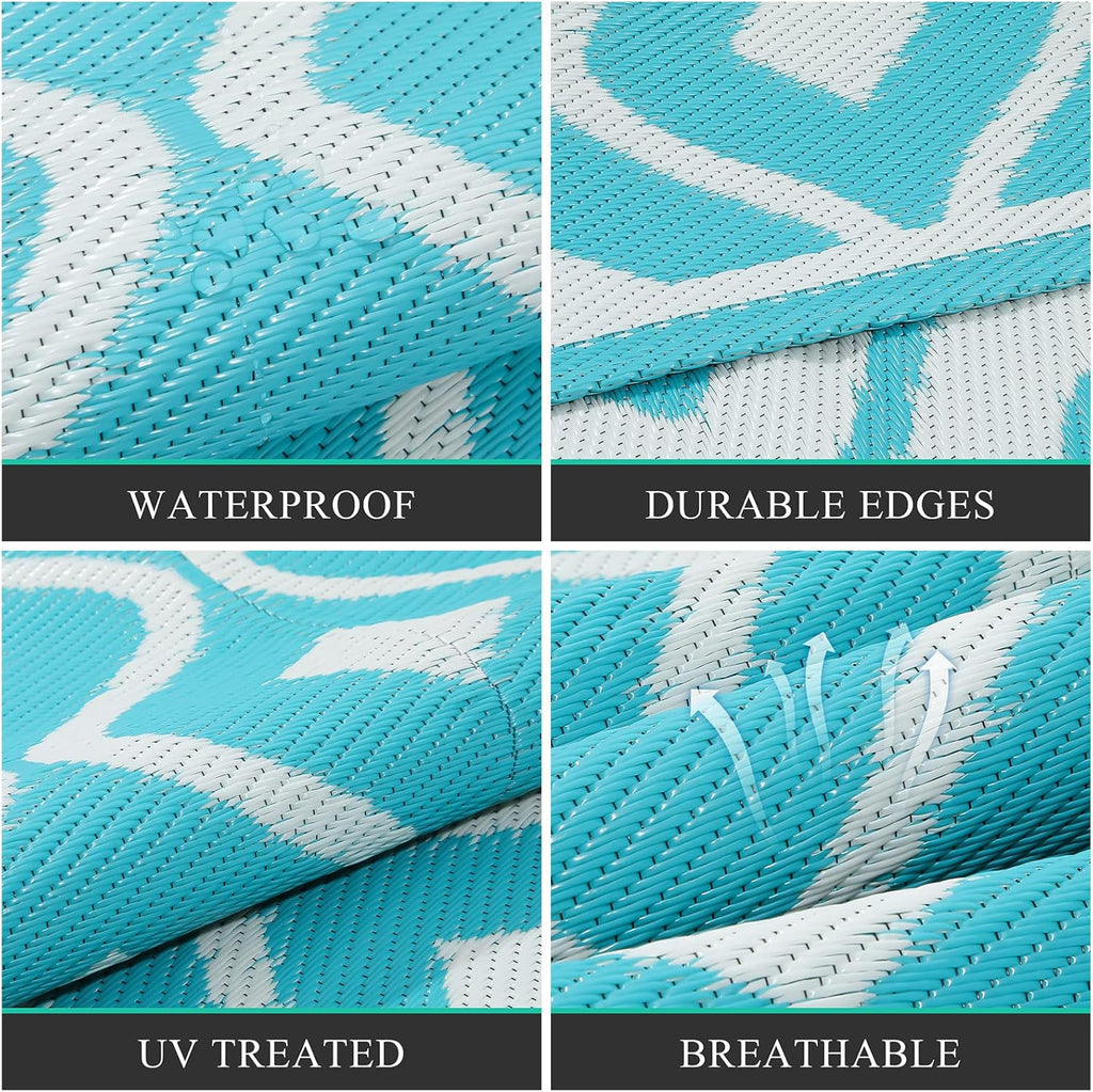 Pauwer Waterproof Outdoor Rug 8x10, Reversible Plastic Straw Patio Camping Rug, Indoor Outdoor RV Mat Carpet for Deck, Camper, Porch, Balcony, Backyard, Picnic, Geometric Teal