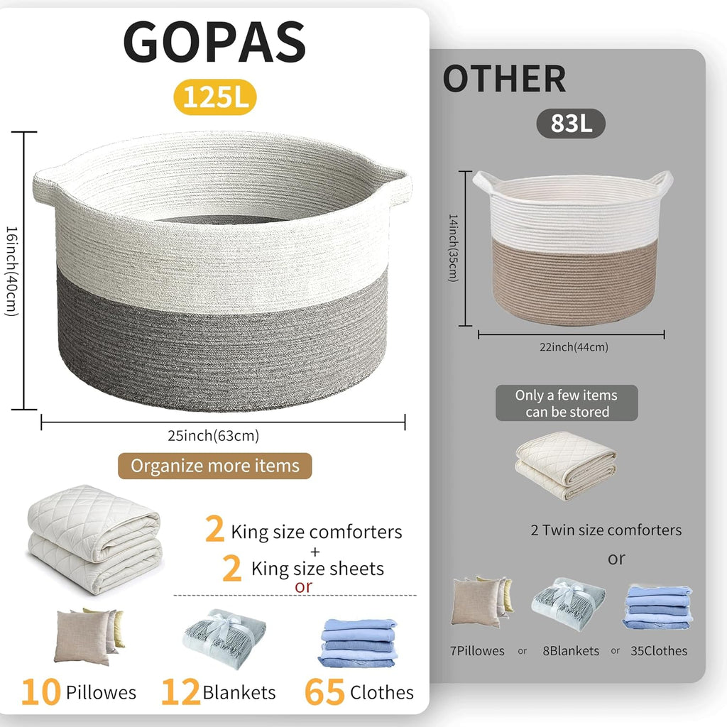 125L Extra Large Blanket Basket, 25" x 16", Jumbo Laundry Woven Baskets Decorative Home, Cotton Rope Basket with Handles, Baby Toy Baskets for Storage, White & Gray