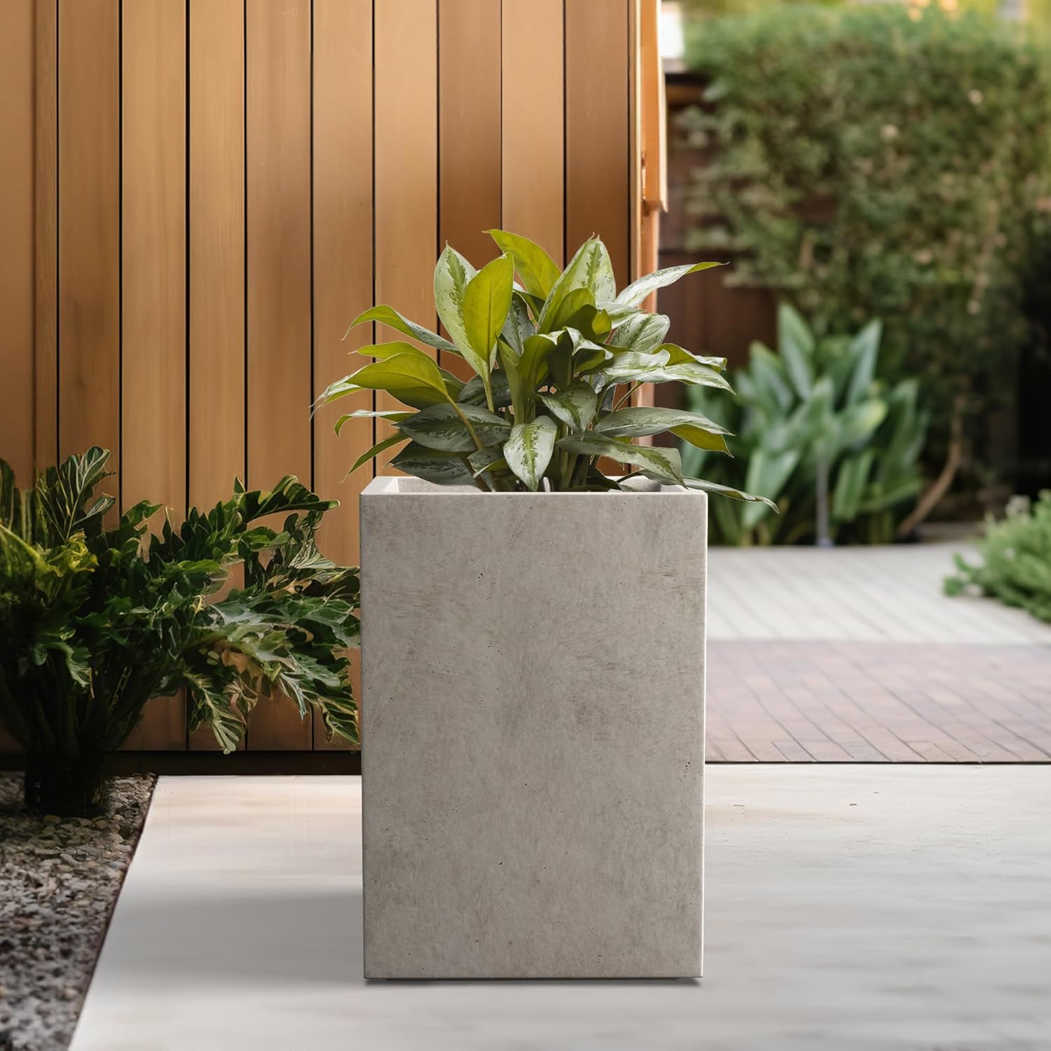Kante 15.7" H Tall Rectangular Concrete Planters, Outdoor Indoor Lightweight Plant Pots with Drainage Hole and Rubber Plug, Modern Style for Home Garden Patio, Weathered Concrete