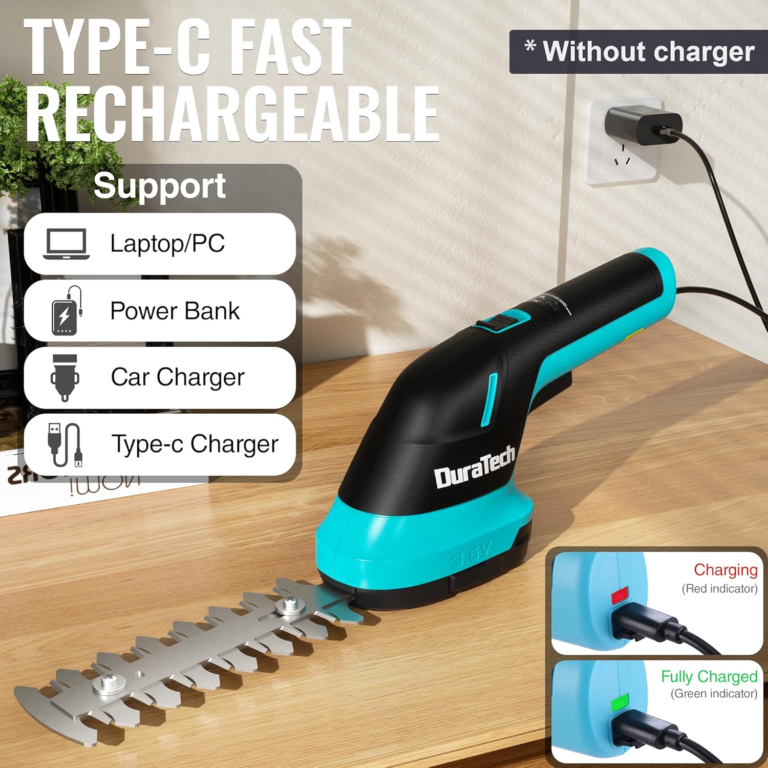 DURATECH Cordless Hedge Trimmer, 3.6V 2-in-1 Handheld Rechargeable Grass Trimmer & Hedge Shears with USB Type-C Cable, Built-in Li-ion Battery, Electric Shrub & Grass Shears for Garden, Yard and Lawn