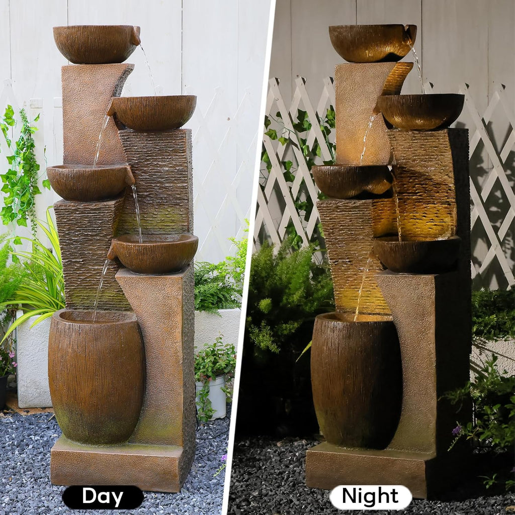 51.4" H Large Water Fountain Outdoor&Indoor, 5-Tiers Cascading Modern Feature Crocks Garden Fountains and Waterfalls with Warm Lights for Porch, Deck, Patio, Home Décor (Brown)