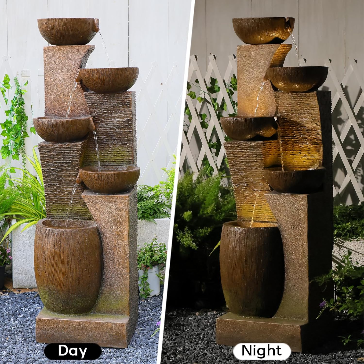 51.4" H Large Water Fountain Outdoor&Indoor, 5-Tiers Cascading Modern Feature Crocks Garden Fountains and Waterfalls with Warm Lights for Porch, Deck, Patio, Home Décor (Brown)