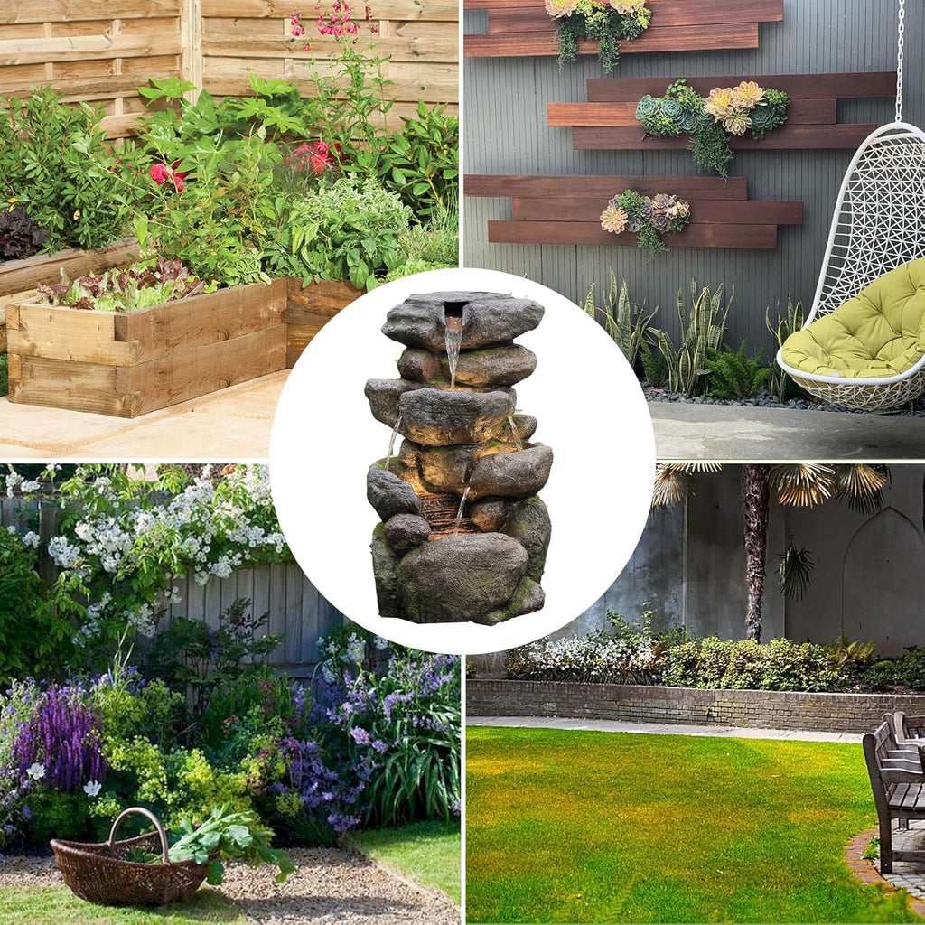 Garden Outdoor Fountains 4-Tier Rock Outdoor Water Fountain with Lights, 28.35" Waterfall Fountain for Garden, Patio, Yard, and Lawn, Natural Stone Look Water Features Outdoor Patio