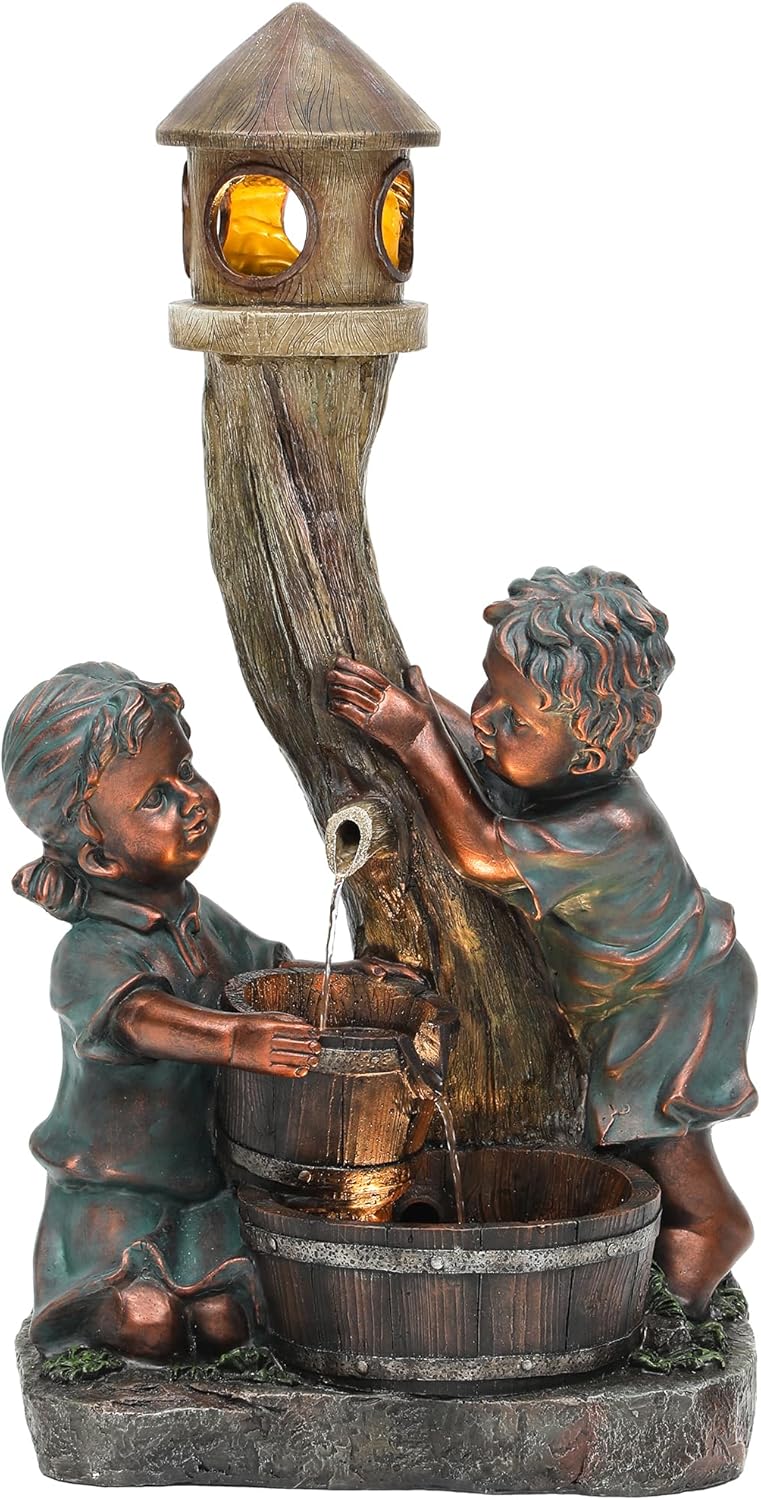 31" Resin Outdoor Water Fountain with LED Lights, Boy-Girl, Pagoda and Wood Barrel Garden Fountain, 3-Tier Cascading Waterfall for Tranquil Backyard, Patio or Porch, Faux Bronze Finish