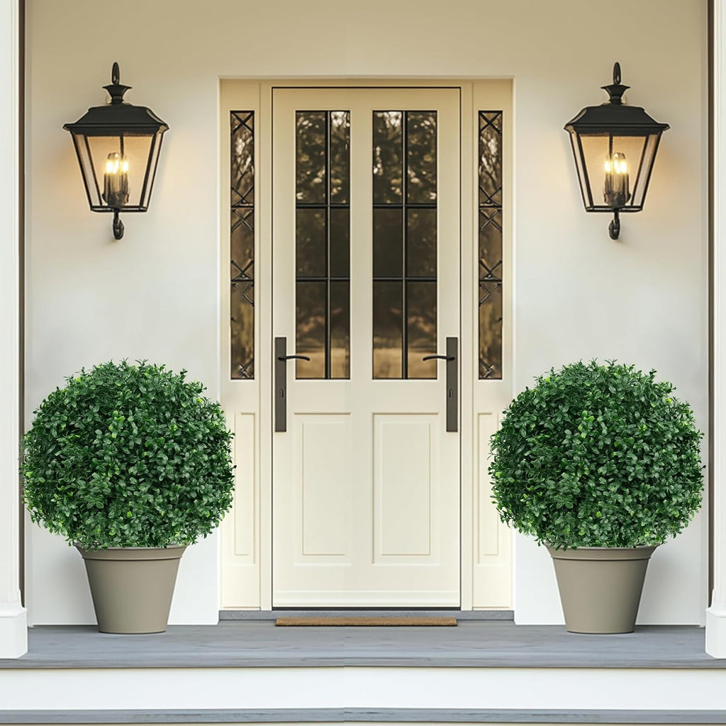 Artificial Boxwood Topiary Ball Tree with Ground Spike, Set of 2 Artificial Shrub Bushes, Fake Evergreen Tree for Porch, Artificial Plants for Outdoor Planters Indoor UV Resistant