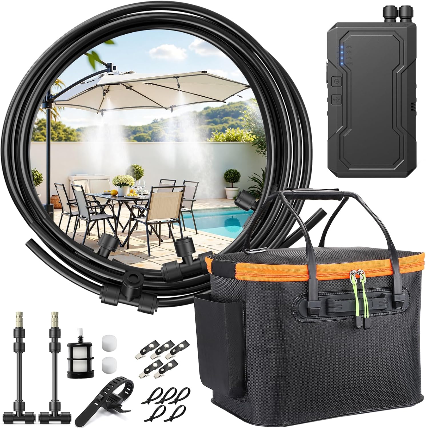 Ausic Portable Misting Systems, Outdoor Water Cooling Misters Set with 6000mAh Water Pump, 20L Bucket, 26FT (8M) Hose, 6*Nozzles, 10*Clips/Ties for Patio/Umbrella/Pasture/Greenhouse/Canopy/Camping