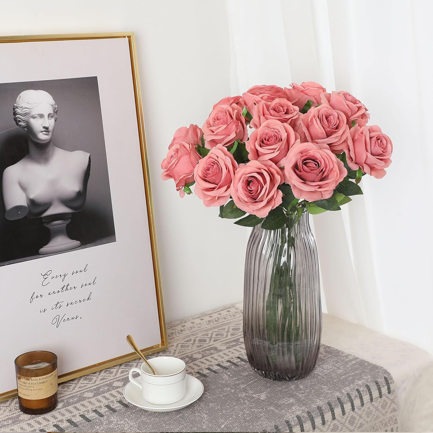 Pink Fake Roses Artificial Flowers - 10 Pcs Fake Artificial Roses Silk Flowers with Stems for Home Wedding Hotel Office Centerpiece Decor（Dusty Pink）