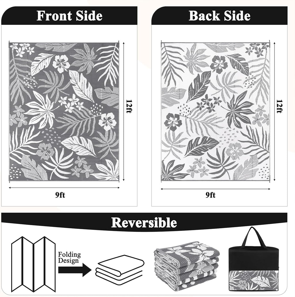 Pauwer Waterproof Outdoor Rug 9x12, Reversible Plastic Straw Patio Camping Rug, Indoor Outdoor RV Mat Carpet for Deck, Camper, Porch, Balcony, Backyard, Picnic, Floral Grey