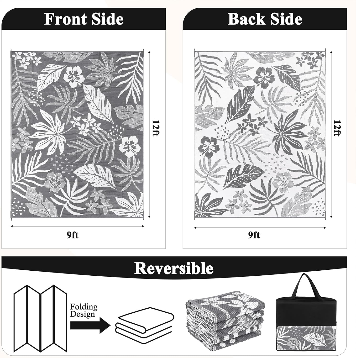 Pauwer Waterproof Outdoor Rug 9x12, Reversible Plastic Straw Patio Camping Rug, Indoor Outdoor RV Mat Carpet for Deck, Camper, Porch, Balcony, Backyard, Picnic, Floral Grey