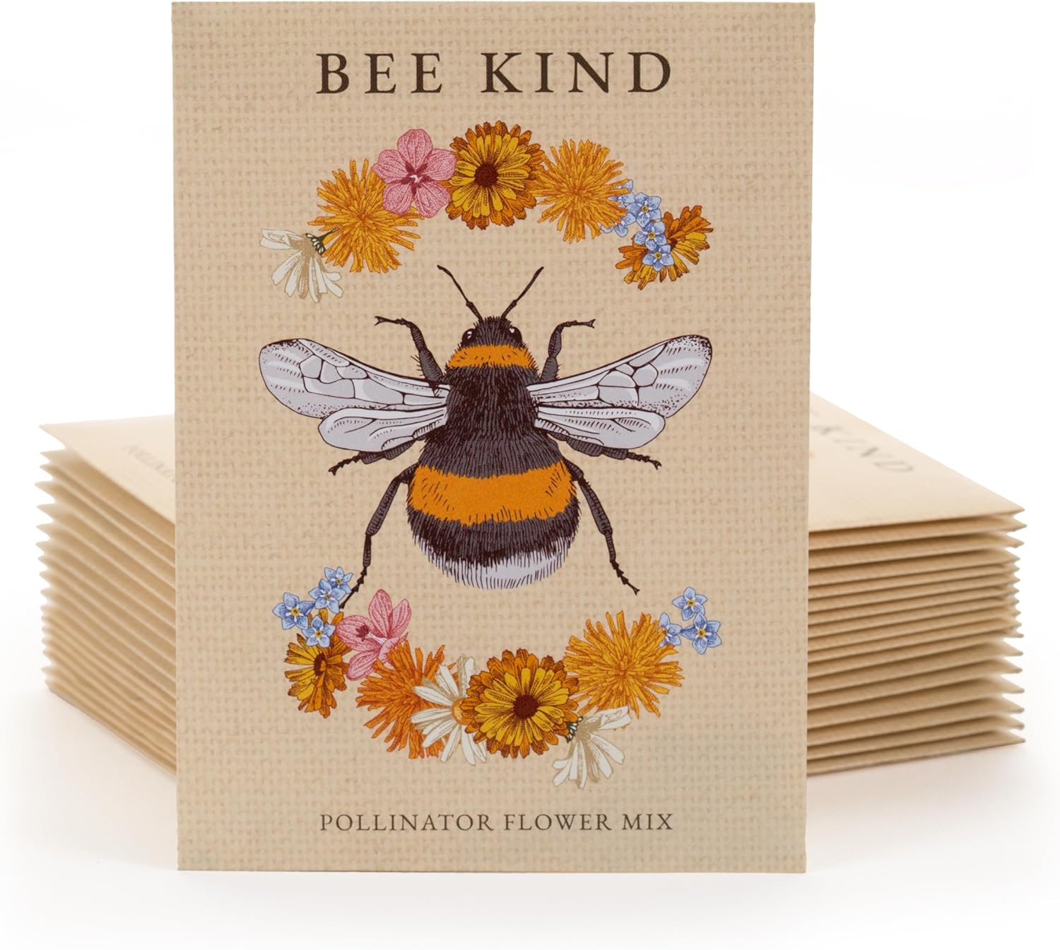 Bentley Seed Co. | Bee Kind Pollinator | Beautiful Bee Art | Environmental Favors Cards for Guests Seed Packets | Pollinator Wildflower Mix Seed Packets | Eco-Friendly Hand Out Gift | 25 Pack