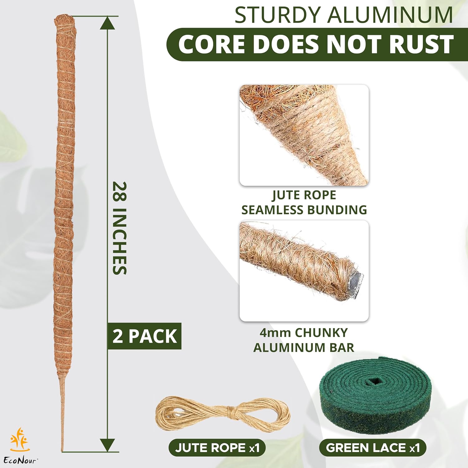 EcoNour 28" 2 Pack Moss Pole | Moss Pole Monstera Plant Support | Plant Sticks for Indoor Climbing Plants | Support for Potted Plants Like Pothos, Philodendrons, and More