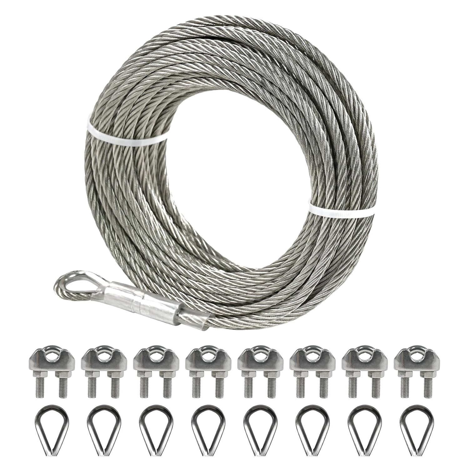 1/4" Stainless Steel Cable 50FT Wire Rope with Clamps and Thimble, 7X19 Strands Aircraft Cable for Zipline, Outdoor, Deck Railing, Heavy Duty Applications, Hanging, 6400lbs Breaking Strength