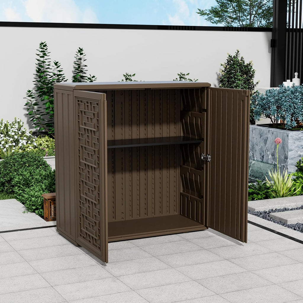 Storage Box Outdoor Caninet,Resin Indoor Storage Box Waterproof Outdoor Storage Cabinets for Patio/Garden/Backyard, Size 34.3''L*15''W*36.2''H(Brown)